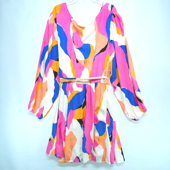 AVA & VIV Women Multicolor Abstract Print Wrap Dress Long Sleeve Belted Size 4X - Picture 2 of 10